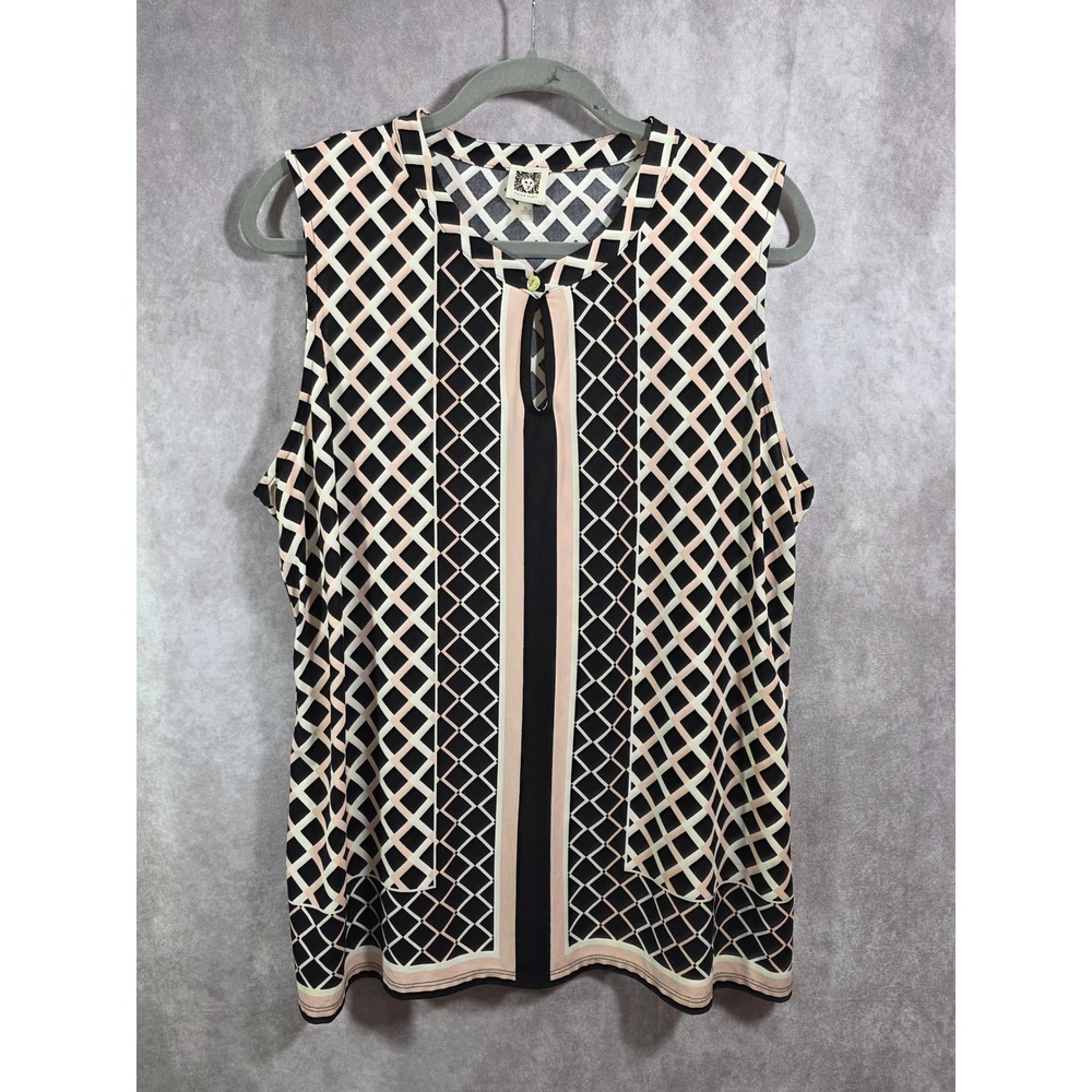 Anne Klein XL Black Pink Diamond‎ Lattice Keyhole Sleeveless Blouse Top